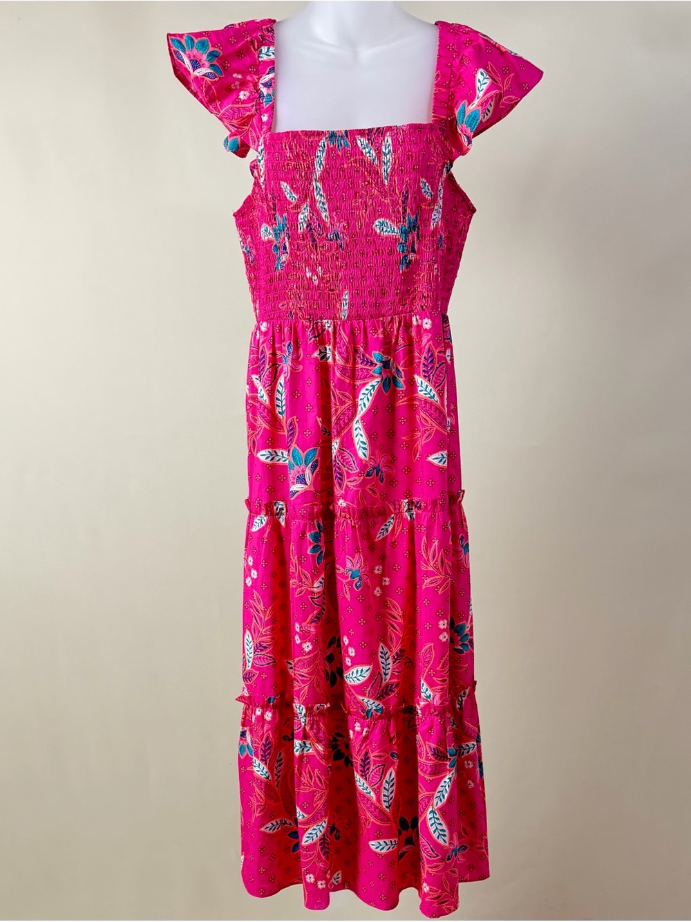 Sugarlips Hot Pink Floral Tiered Maxi Dress with Smocked Bodice